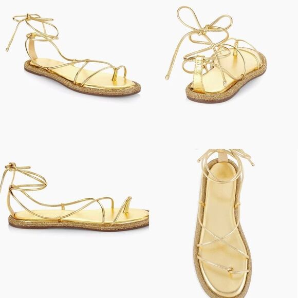 SCHUTZ Kittie Crystal Embellished Metallic & Nappa Leather Wraparound Flat Sanda - Picture 12 of 12